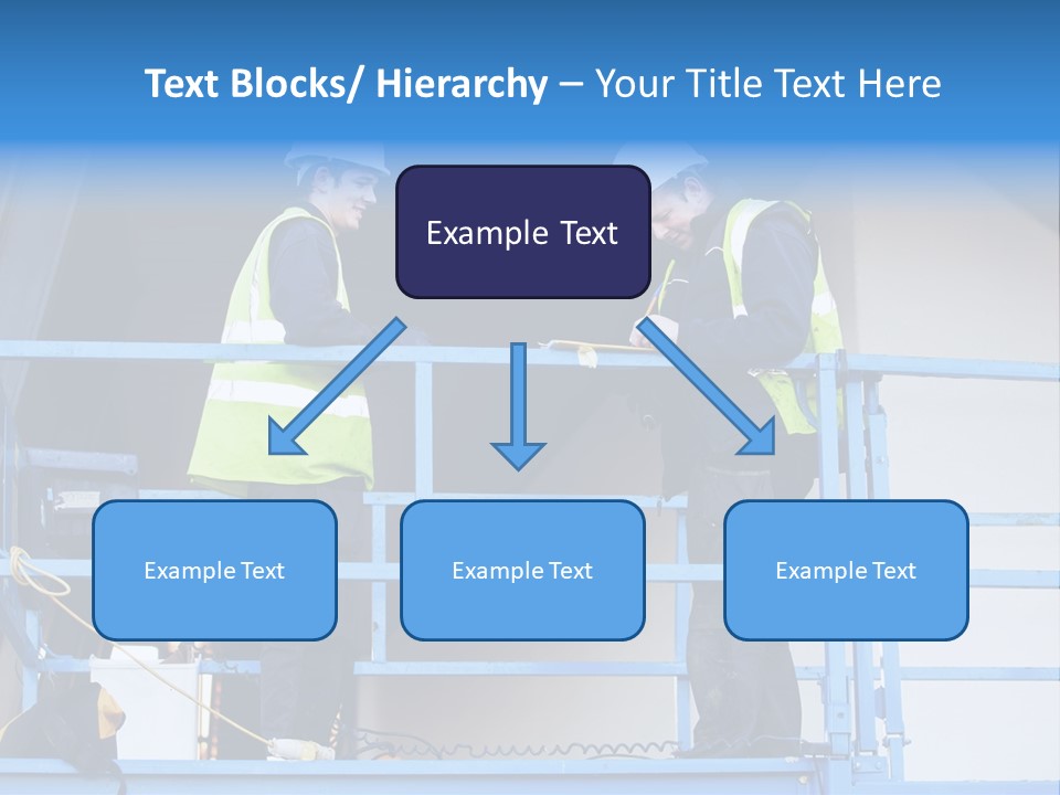Two Men In Safety Vests Standing On A Blue Platform PowerPoint Template