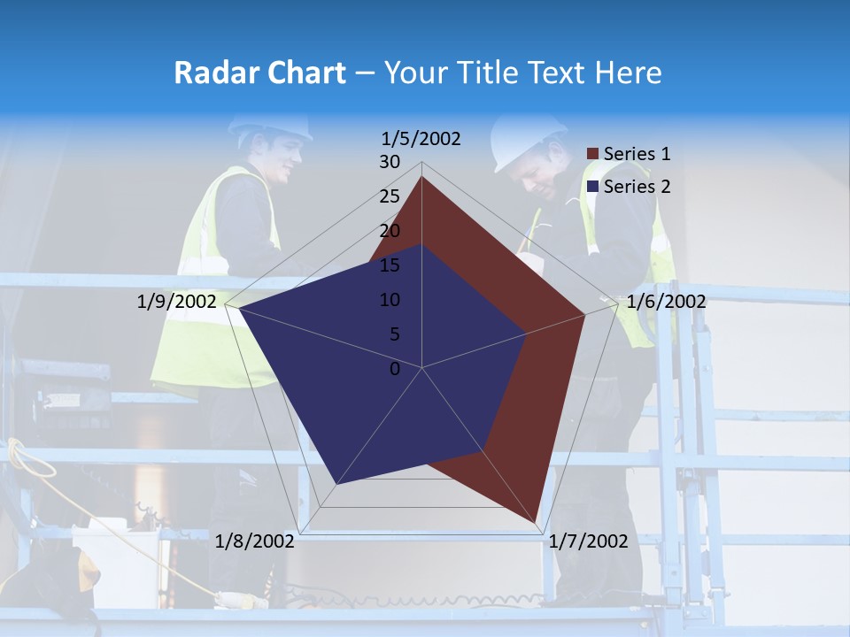 Two Men In Safety Vests Standing On A Blue Platform PowerPoint Template