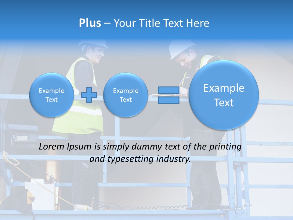 Two Men In Safety Vests Standing On A Blue Platform PowerPoint Template