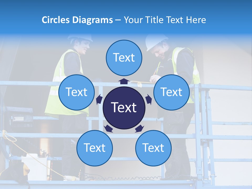 Two Men In Safety Vests Standing On A Blue Platform PowerPoint Template