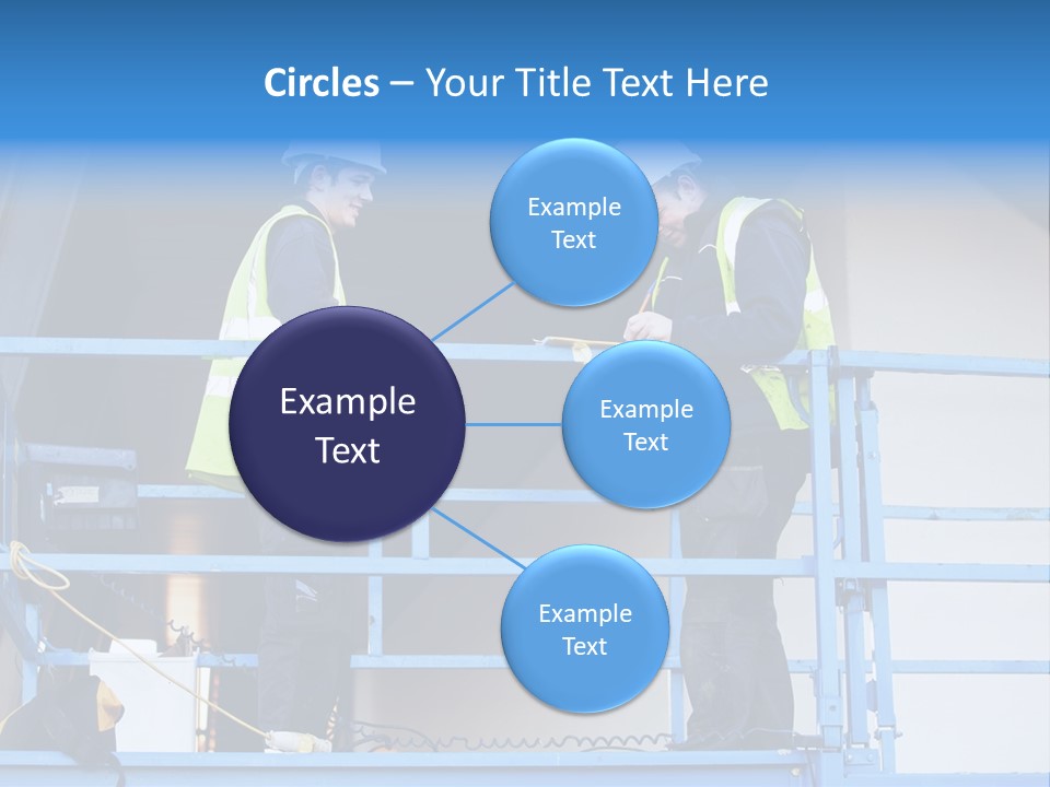Two Men In Safety Vests Standing On A Blue Platform PowerPoint Template