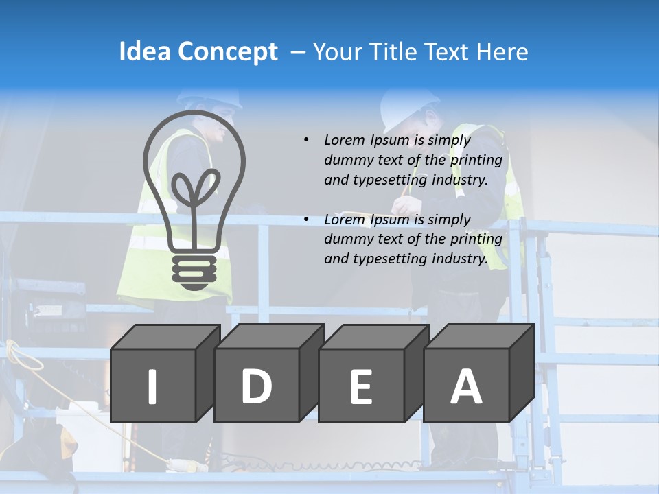 Two Men In Safety Vests Standing On A Blue Platform PowerPoint Template