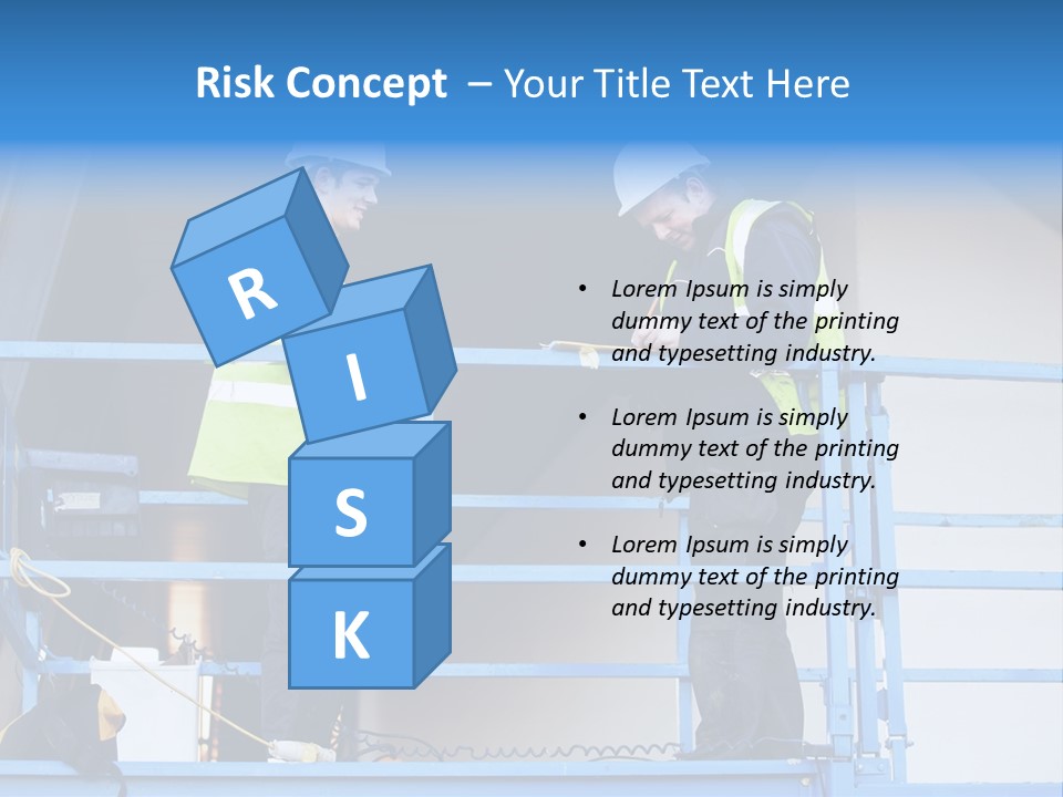 Two Men In Safety Vests Standing On A Blue Platform PowerPoint Template