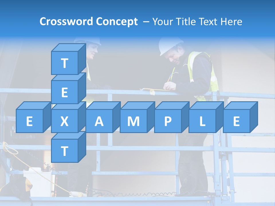 Two Men In Safety Vests Standing On A Blue Platform PowerPoint Template