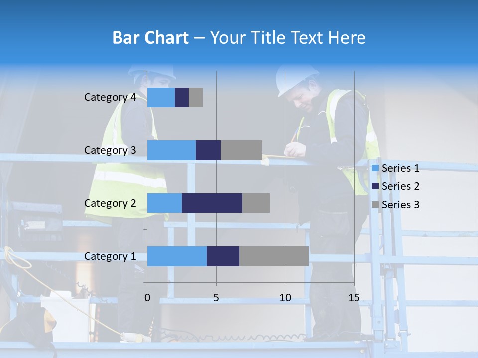 Two Men In Safety Vests Standing On A Blue Platform PowerPoint Template