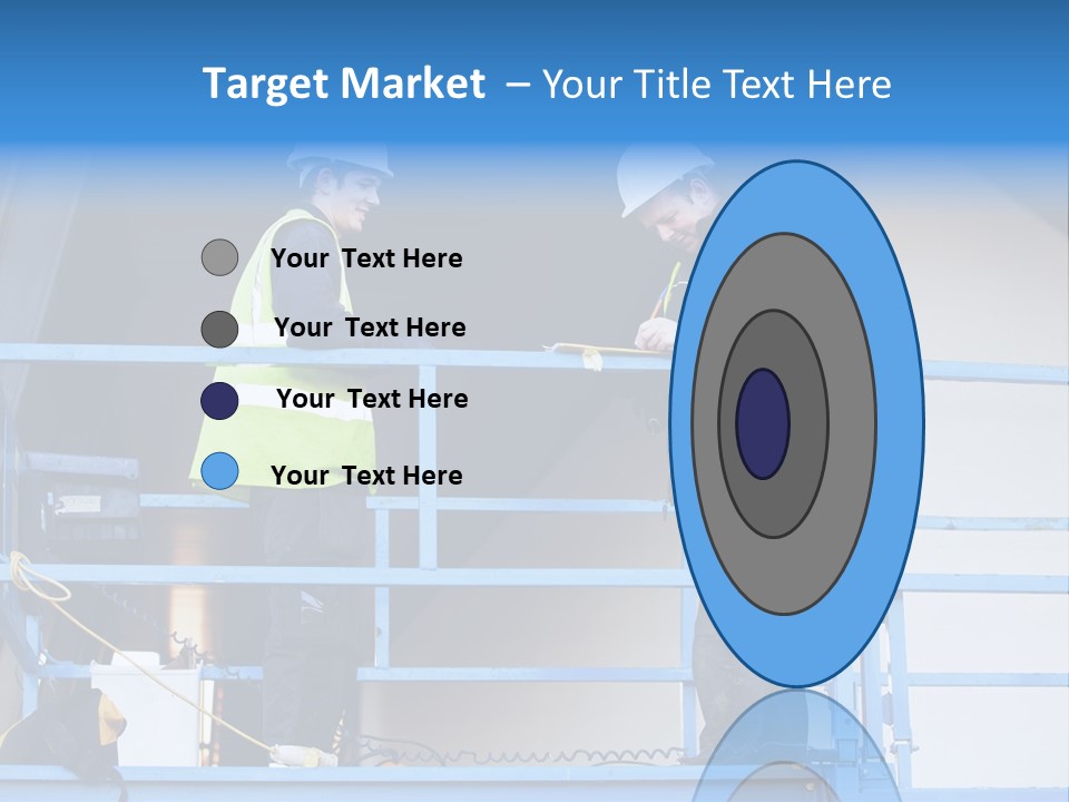 Two Men In Safety Vests Standing On A Blue Platform PowerPoint Template