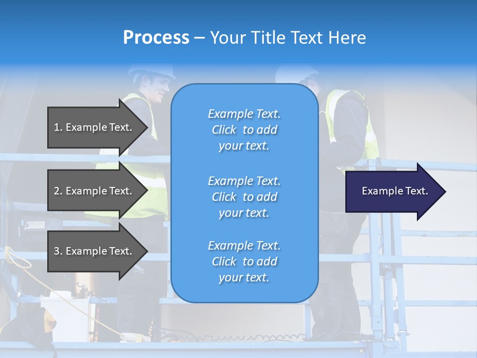 Two Men In Safety Vests Standing On A Blue Platform PowerPoint Template