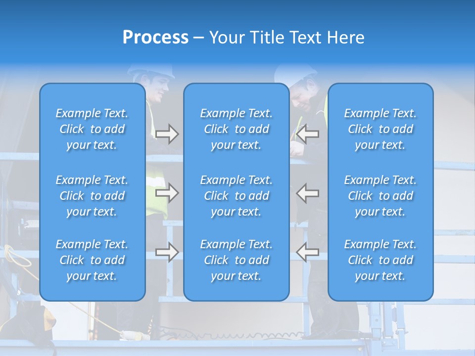 Two Men In Safety Vests Standing On A Blue Platform PowerPoint Template