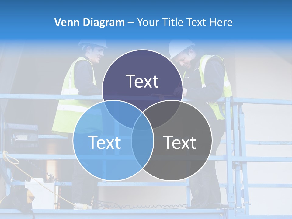Two Men In Safety Vests Standing On A Blue Platform PowerPoint Template