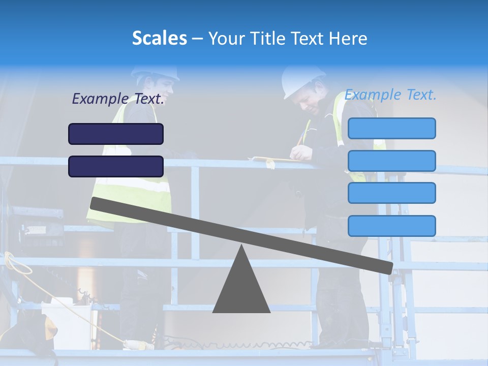 Two Men In Safety Vests Standing On A Blue Platform PowerPoint Template