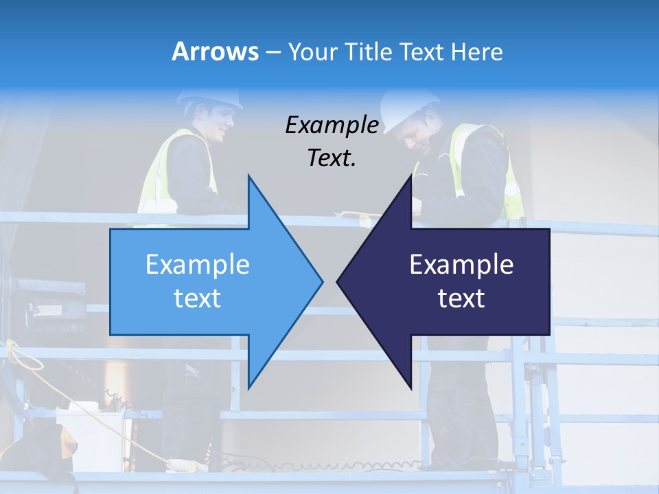 Two Men In Safety Vests Standing On A Blue Platform PowerPoint Template