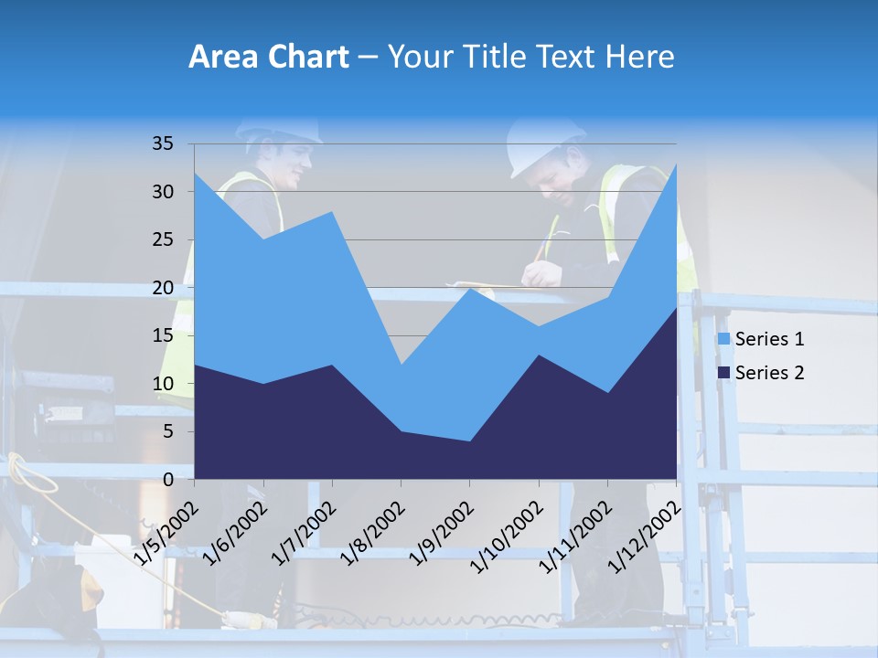 Two Men In Safety Vests Standing On A Blue Platform PowerPoint Template