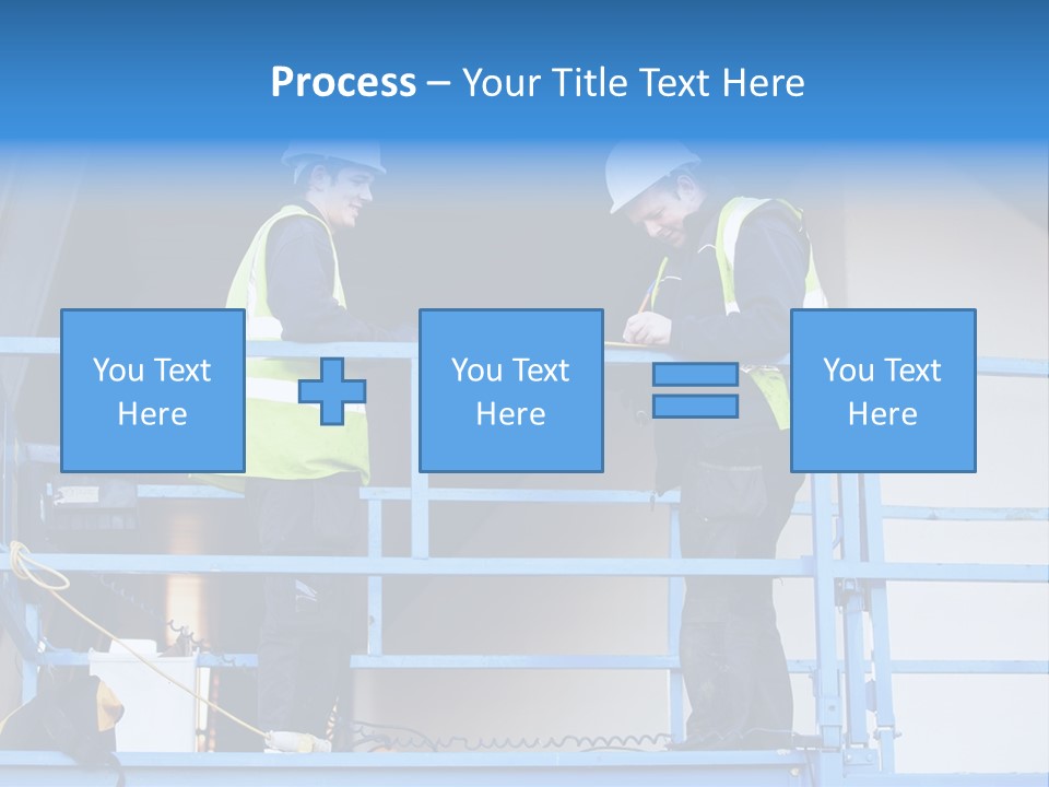 Two Men In Safety Vests Standing On A Blue Platform PowerPoint Template