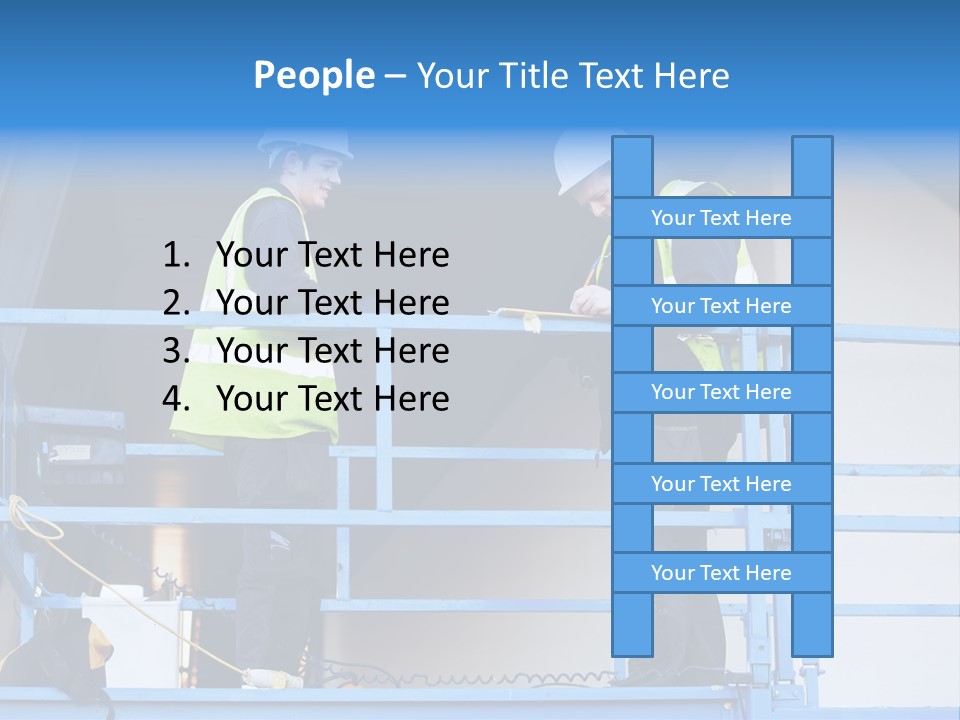 Two Men In Safety Vests Standing On A Blue Platform PowerPoint Template