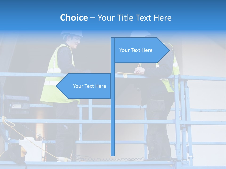 Two Men In Safety Vests Standing On A Blue Platform PowerPoint Template