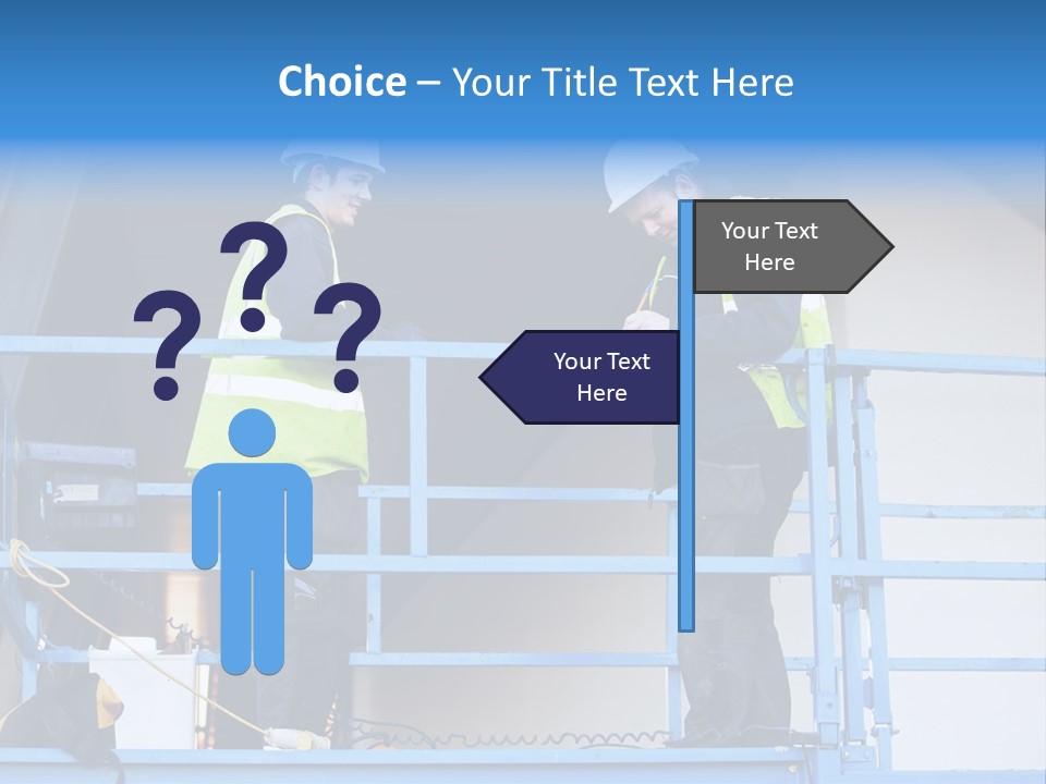 Two Men In Safety Vests Standing On A Blue Platform PowerPoint Template