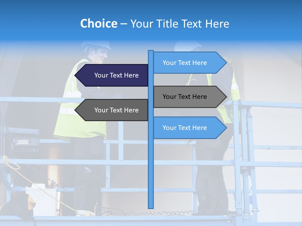 Two Men In Safety Vests Standing On A Blue Platform PowerPoint Template