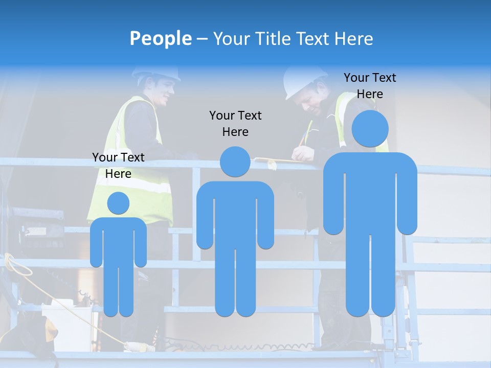 Two Men In Safety Vests Standing On A Blue Platform PowerPoint Template