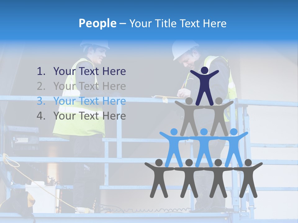 Two Men In Safety Vests Standing On A Blue Platform PowerPoint Template