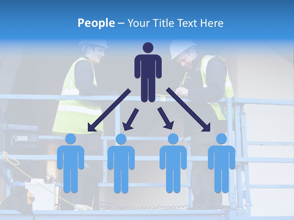 Two Men In Safety Vests Standing On A Blue Platform PowerPoint Template