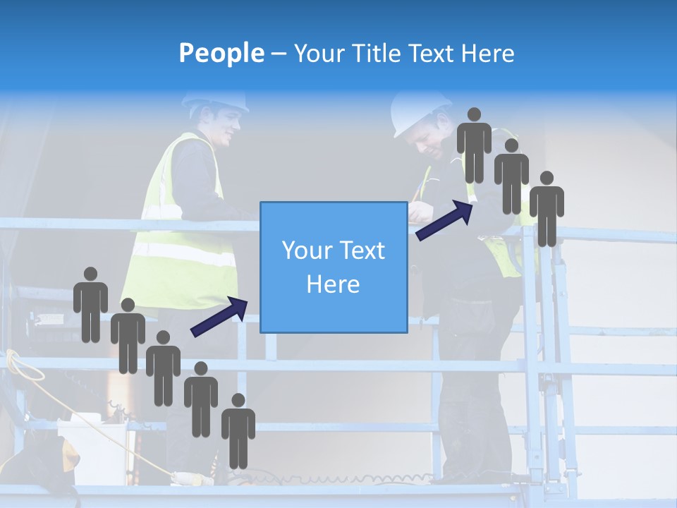 Two Men In Safety Vests Standing On A Blue Platform PowerPoint Template