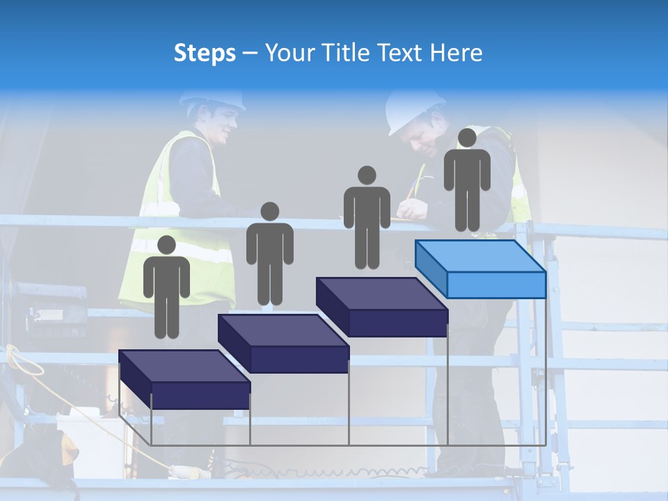 Two Men In Safety Vests Standing On A Blue Platform PowerPoint Template