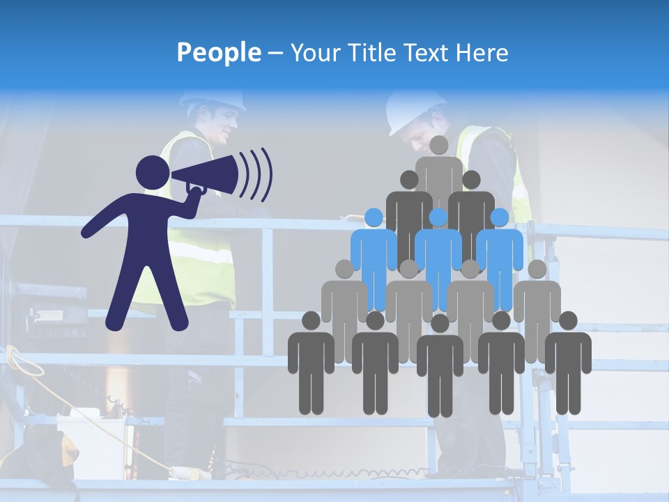 Two Men In Safety Vests Standing On A Blue Platform PowerPoint Template