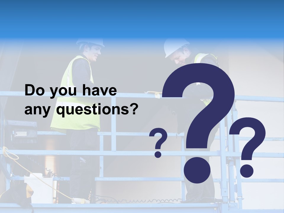 Two Men In Safety Vests Standing On A Blue Platform PowerPoint Template