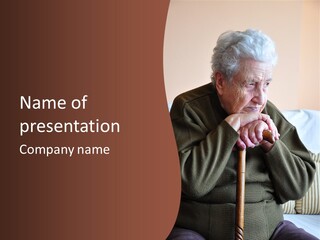 An Elderly Woman Sitting On A Couch With A Cane PowerPoint Template