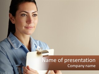 A Woman In A Blue Shirt Holding A Clipboard PowerPoint Template