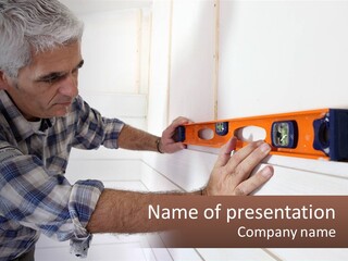 A Man Measuring A Wall With A Spirit Level PowerPoint Template