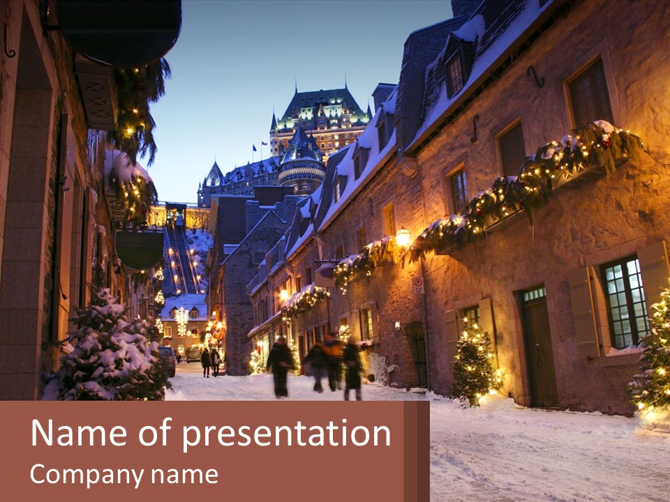 A Snowy Street With People Walking Down It PowerPoint Template