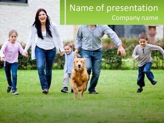 A Family Running With A Dog In A Field PowerPoint Template