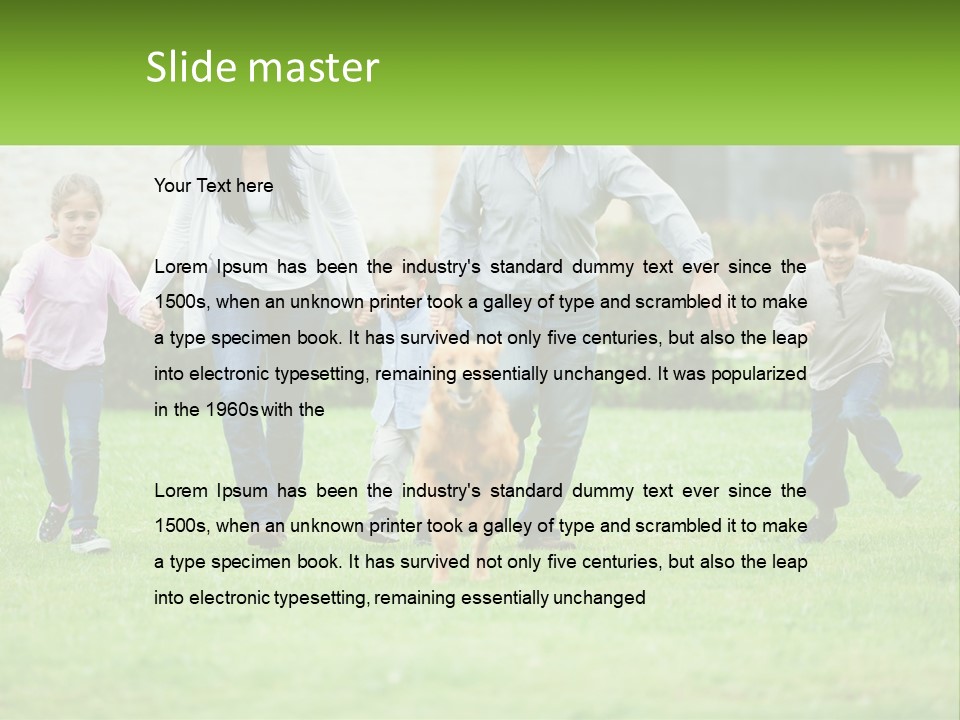 A Family Running With A Dog In A Field PowerPoint Template