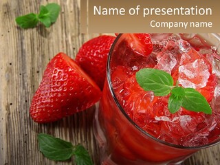 A Drink With Ice And Strawberries On A Wooden Table PowerPoint Template