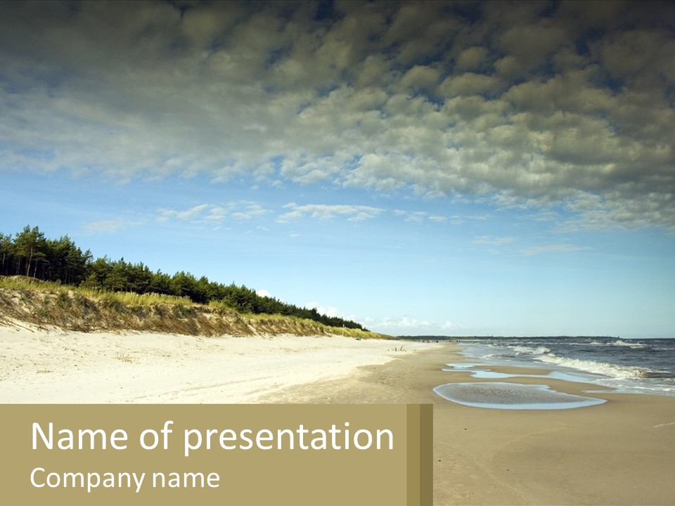 A Sandy Beach With Trees And Water Under A Cloudy Sky PowerPoint Template