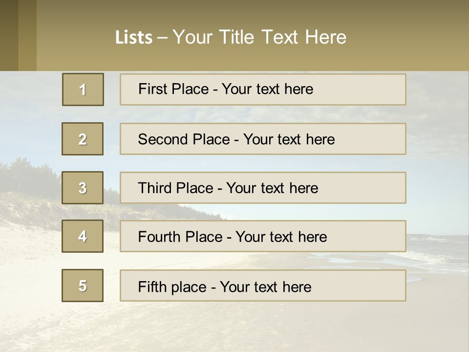 A Sandy Beach With Trees And Water Under A Cloudy Sky PowerPoint Template