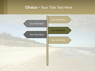 A Sandy Beach With Trees And Water Under A Cloudy Sky PowerPoint Template