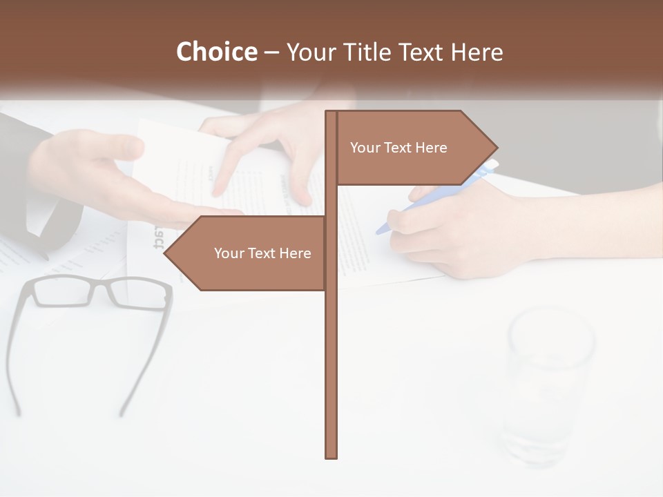 Two People Sitting At A Table Signing Papers PowerPoint Template