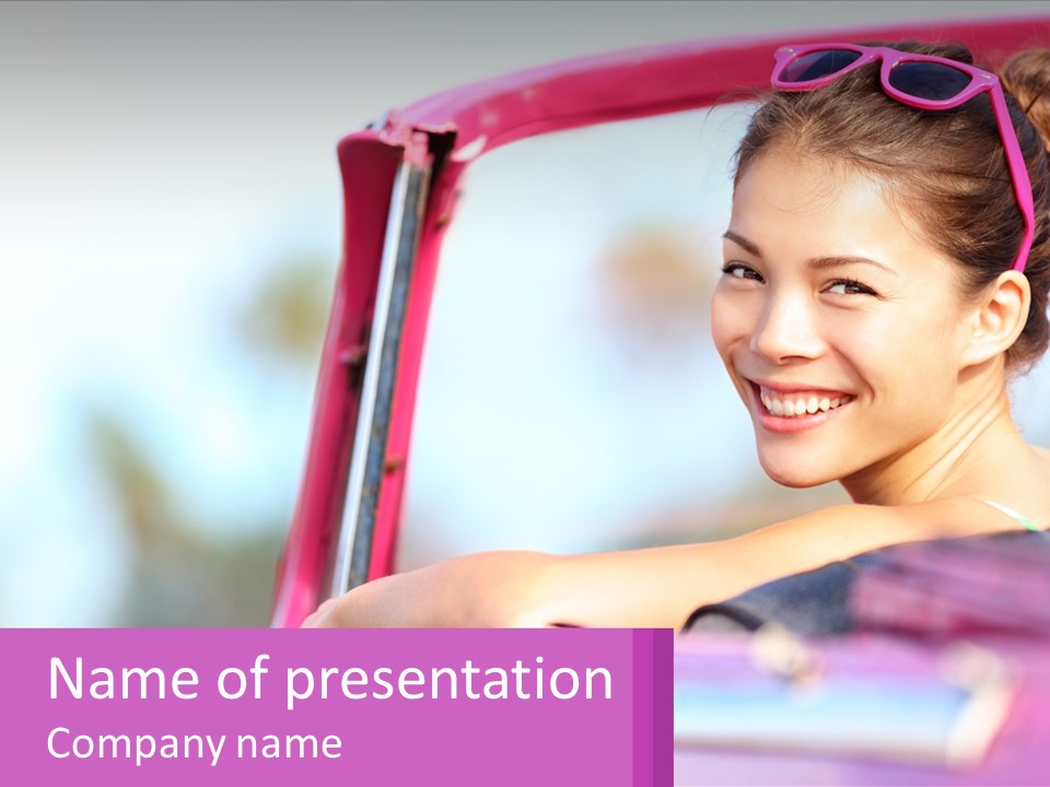 A Woman With Sunglasses Sitting In A Pink Car PowerPoint Template