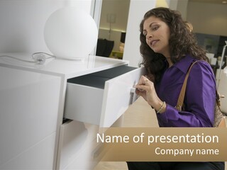 A Woman Is Looking At A Piece Of Furniture PowerPoint Template