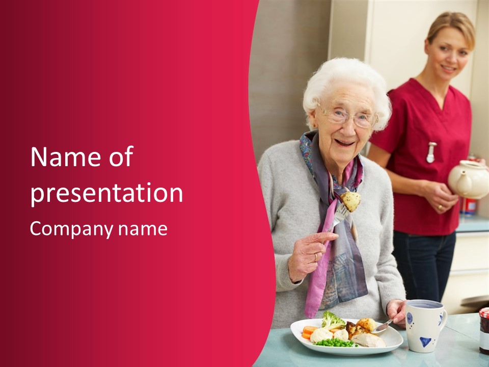 A Woman In A Red Shirt Is Eating A Plate Of Food PowerPoint Template