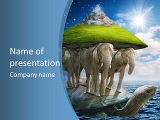 A Group Of Elephants Standing On Top Of A Turtle PowerPoint Template