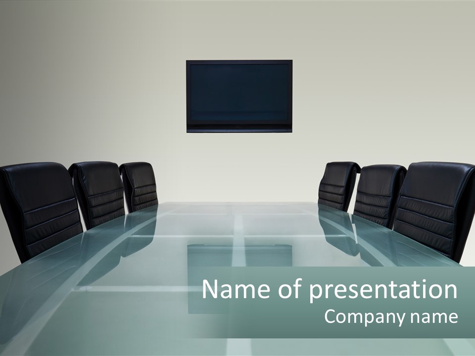 A Glass Conference Table With Black Leather Chairs PowerPoint Template