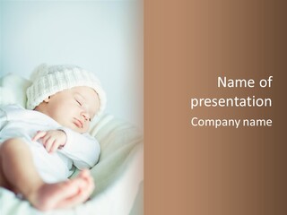 A Baby Sleeping On A Bed With A White Hat PowerPoint Template