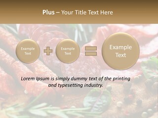 A Wooden Cutting Board Topped With Different Types Of Sausages PowerPoint Template