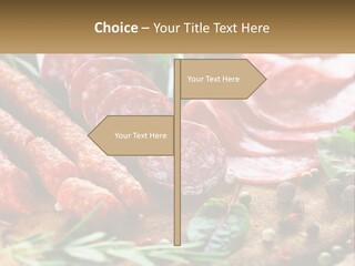 A Wooden Cutting Board Topped With Different Types Of Sausages PowerPoint Template