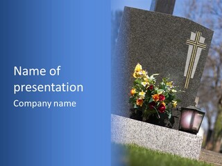 A Cemetery With Flowers And A Cross On It PowerPoint Template