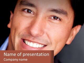 A Smiling Man With A Business Card In Front Of Him PowerPoint Template