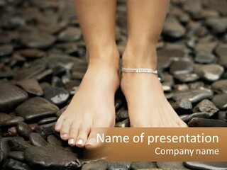 A Woman's Bare Feet On Rocks With A Name Plate PowerPoint Template